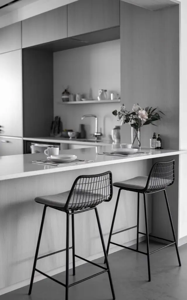 A photo of a modern kitchen with a welcoming breakfast bar seamlessly integrated into the space. A sleek, extended countertop juts out slightly from the kitchen island or cabinetry, creating a casual dining area. Below the bar, a pair of stylish bar stools with cushioned seats invite comfort. The bar is adorned with minimalistic place settings, such as a plate, a mug, and a small vase with fresh flowers, emphasizing its purpose as a cozy spot for quick meals or morning coffee. The surrounding kitchen features modern finishes, making the breakfast bar a functional and visually appealing focal point.