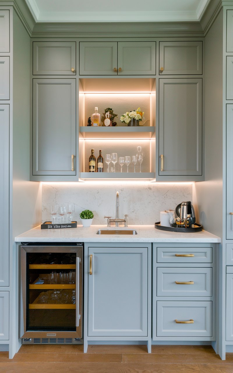 A photo of a modern kitchen with a built-in bar seamlessly integrated into the cabinetry. The bar area matches the rest of the kitchen, with the same color and style of cabinets, creating a cohesive and polished look. It includes a compact sink, a small built-in refrigerator, and neatly arranged shelves or drawers for storage. The countertop has space for preparing drinks, with subtle under-cabinet lighting illuminating the area. Stylish bar accessories, such as glasses and bottles, are arranged neatly, adding a touch of sophistication to the space.