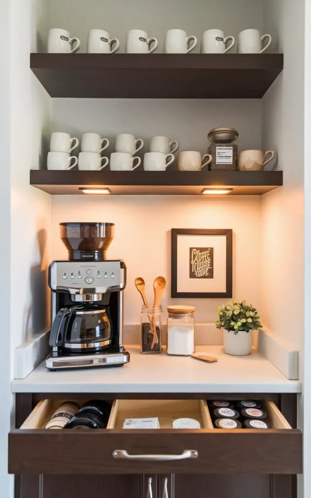 A cozy coffee bar in a kitchen corner with a high-end coffee maker on a dedicated countertop. Neatly arranged mugs are on open shelves above. Small jars and containers hold coffee beans, sugar, and stirring spoons, while a drawer or cabinet below provides additional storage for coffee pods and accessories. A small potted plant and a framed coffee-themed print are decorative touches. Warm lighting enhances the inviting atmosphere.