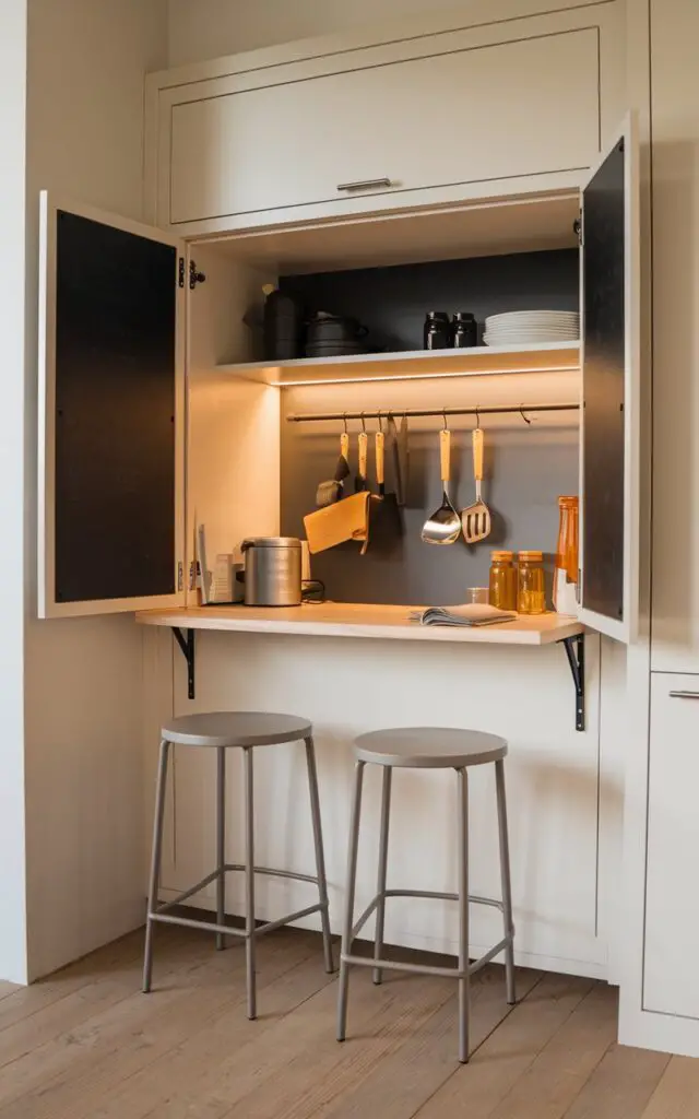 A cozy kitchen corner in someone's home featuring a fold-down bar. When folded up, the bar is flush against the wall, doubling as a decorative panel or chalkboard. In its extended position, it transforms into a sturdy, functional countertop, supported by slim, foldable brackets. The bar is paired with two sleek, matching stools, and the surrounding decor emphasizes functionality with compact shelving, warm lighting, and neatly arranged utensils. The space is small but thoughtfully designed, maximizing utility and aesthetic charm.