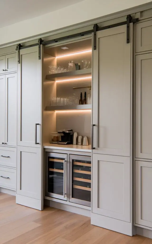 A photo of a hidden kitchen bar cleverly concealed behind a sliding door. The bar is closed and blends seamlessly with the surrounding cabinetry, maintaining a clean and uncluttered kitchen aesthetic. The bar is made of smooth, matte-finish cabinetry and features sleek hardware. When opened, the bar reveals a compact, fully equipped station with neatly organized shelves for glasses, bottles, and bar tools. A small countertop provides space for mixing drinks or setting up a coffee station, while subtle LED lighting illuminates the interior.