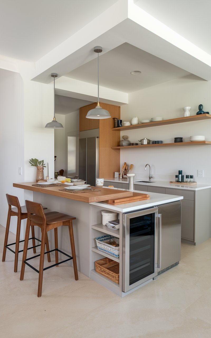 A photo of a multi-functional kitchen bar designed for versatility and efficiency. The bar includes a spacious countertop that serves as a dining surface, food prep area, and workstation. A small, built-in sink and a compact refrigerator are integrated into one side, perfect for quick clean-ups and easy access to ingredients or beverages. Below the counter, cabinets and open shelving provide ample storage for cookware, utensils, and other essentials. The bar's design combines materials like a wooden countertop, stainless steel sink, and sleek cabinetry, blending practicality with modern aesthetics. Stylish wooden bar stools complete the setup, making it an ideal hub for various kitchen activities.