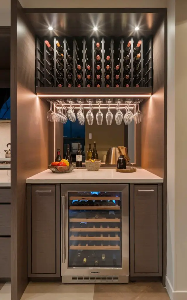 A photo of a modern kitchen with a wine bar integrated into the design. There's a compact wine fridge with a glass door, built into the cabinetry, for storing several bottles at the perfect temperature. Above the fridge, a dedicated wine rack displays bottles horizontally, adding both storage and a decorative touch. A sleek shelf holds an assortment of wine glasses. The kitchen has modern finishes, warm lighting, and a sophisticated ambiance.