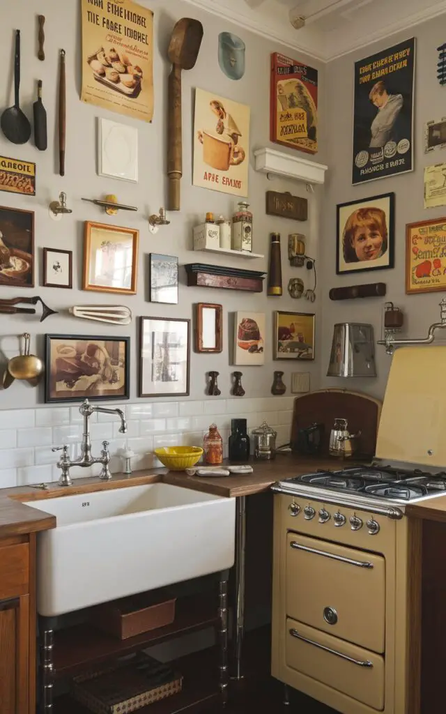 A vintage kitchen with a gallery wall filled with antique kitchen tools, classic vintage advertisements, and culinary art. There's a farmhouse sink with a gleaming stainless steel faucet. A classic gas stove is in the corner. The room has a warm, inviting atmosphere with a blend of rustic warmth and modern practicality.