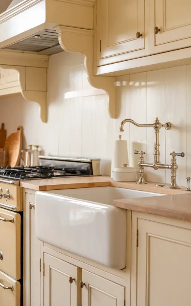 A warm and inviting vintage kitchen adorned in soft cream and antique white tones. The farmhouse sink gleams under a nice stainless steel faucet, while a gas stove subtly integrates into the design. The soothing palette highlights the simple elegance of this nostalgic culinary space.