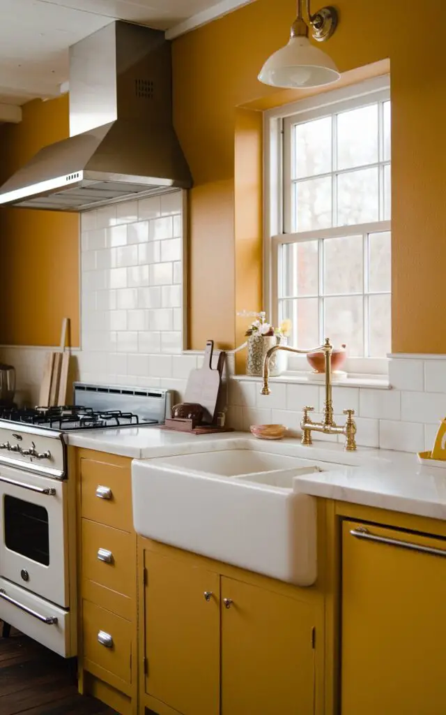 A photo of a vintage kitchen with mustard yellow walls, a farmhouse sink, a stainless steel faucet, a gas stove, and a minimalist decor. The kitchen has a retro charm and a clean and simple aesthetic.