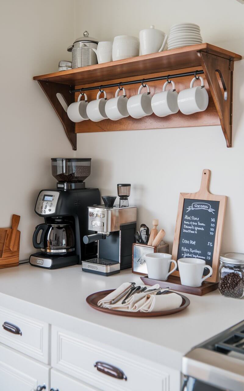 A cozy full kitchen with a dedicated coffee station on the kitchen countertop. The coffee station includes a premium coffee maker, a grinder, neatly arranged mugs hanging on a wooden rack, a small tray with sugar, creamer, and stirrers, a chalkboard menu, and a jar of coffee beans. The countertop's clean surface contrasts with the warm tones of the coffee station, turning this corner of the kitchen into a personalized nook that exudes comfort and charm.