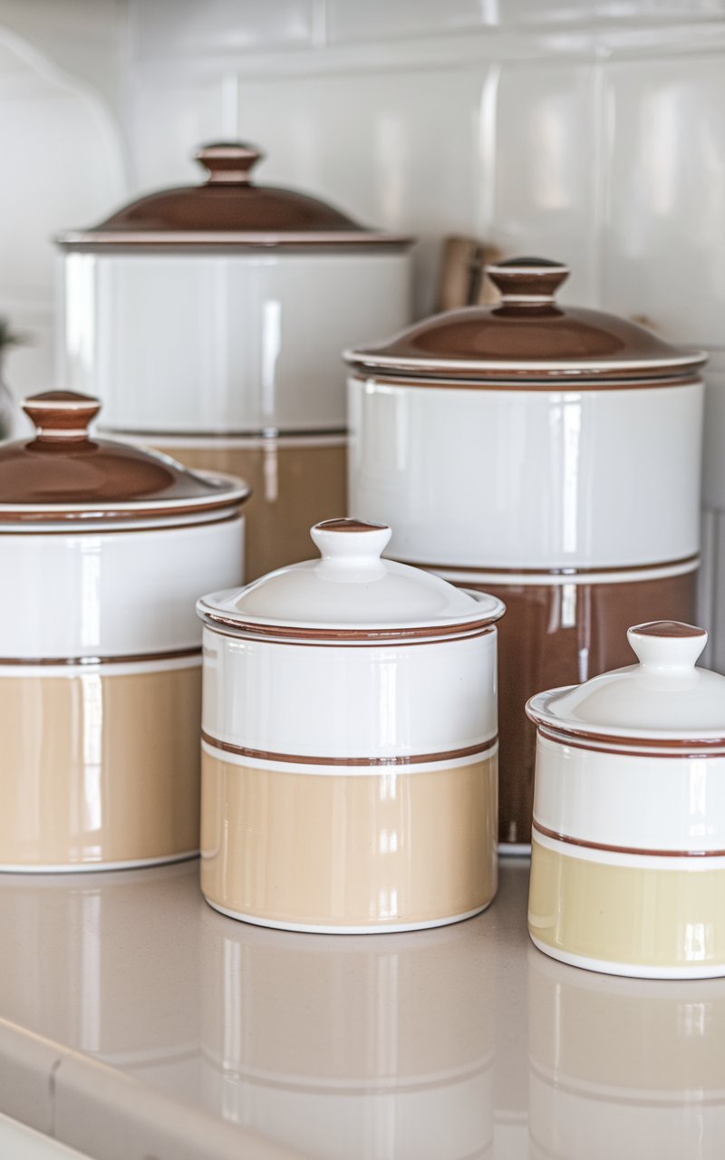 A kitchen countertop setup with a cohesive set of matching canisters. The canisters are made of ceramic and are in a coordinated color scheme of white, beige, and brown. They store essentials such as flour, sugar, and coffee. The canisters are arranged neatly on the countertop, creating a polished, unified look that enhances the decor's harmony. The canisters are practical yet decorative, contributing to an organized, visually appealing countertop that feels both stylish and homey.