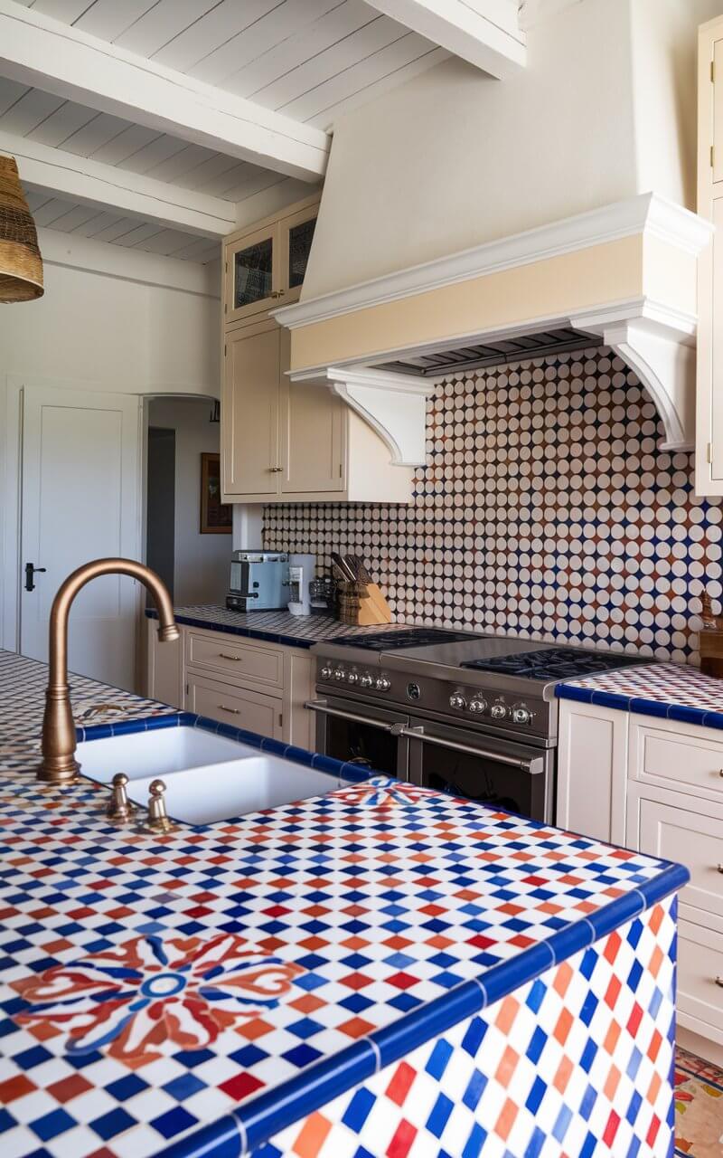 A full kitchen with a unique patterned tile countertop. The countertop features bold motifs inspired by Moroccan or Mediterranean designs. The tiles create a striking visual effect, transforming the countertop into an artistic focal point within the kitchen. The colors and patterns of the tiles add warmth and character, contrasting with neutral kitchen elements to create a rich, layered look. This countertop choice is ideal for those seeking a vibrant, eclectic style that combines both aesthetic appeal and durability, making the kitchen truly one-of-a-kind.