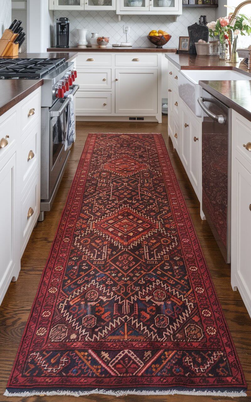 A photo of a full kitchen layout with a bold, patterned runner placed in front of the kitchen countertop. The runner is vibrant and intricate, adding warmth and a splash of color to the space. The runner anchors the countertop area, creating visual interest while protecting the floors. This addition complements the countertop decor, making the kitchen feel more cohesive and inviting. The rug is both functional and stylish, ideal for homeowners looking to add comfort and character to their culinary workspace.