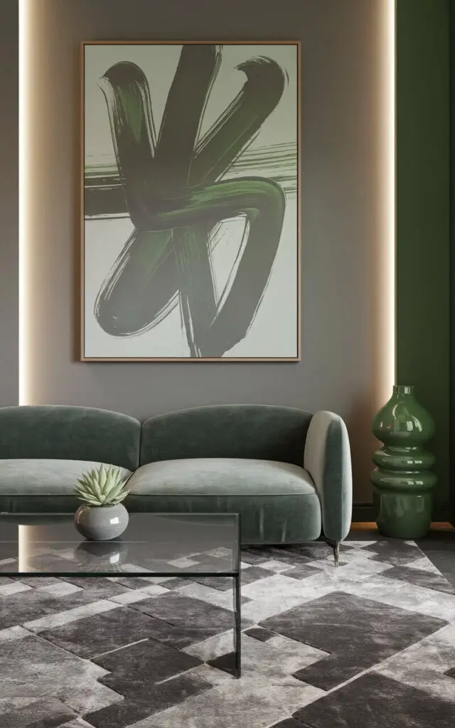 A contemporary gray and green living room with an abstract artwork in complementary shades of gray and green mounted above a very cozy gray sofa. The art's bold strokes tie the color palette together. A sleek glass coffee table holds a small green succulent in a gray pot. A textured gray area rug and green ceramic floor vase add dimension, while soft ambient lighting enhances the artistic atmosphere.