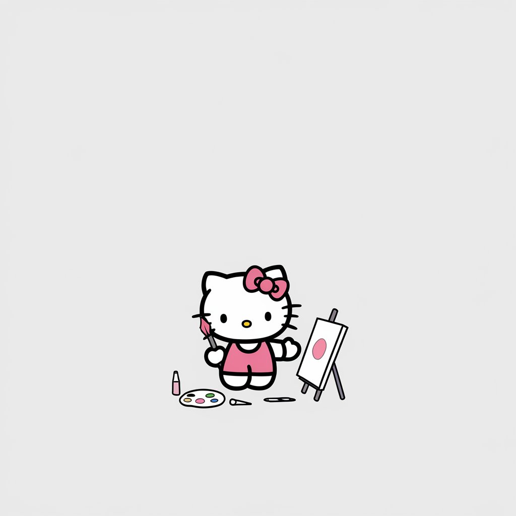 A minimalist, plain white background illustration of Hello Kitty as an artist. She is drawn in a simplistic style, holding a paintbrush and palette, with a partially finished canvas and scattered art supplies nearby, emphasizing her creative spirit.