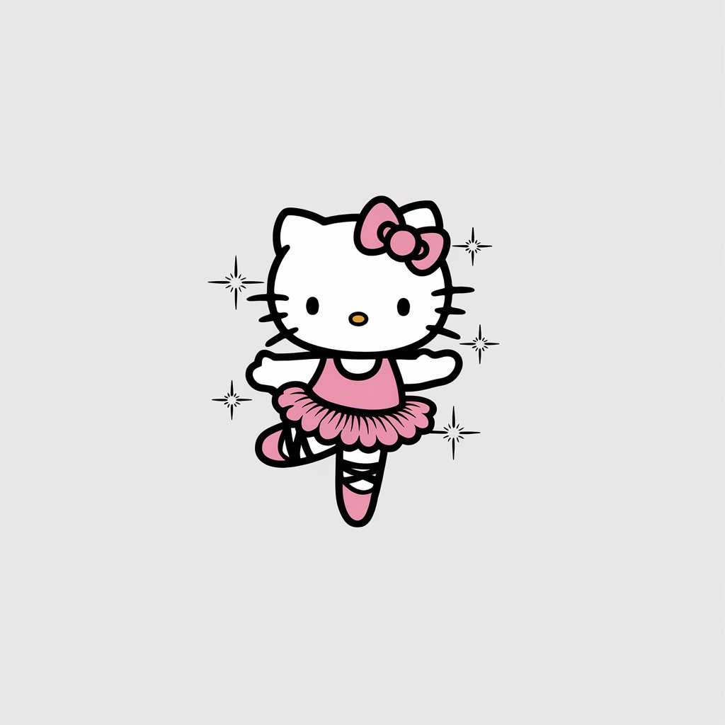 A minimalist, plain white background illustration of Hello Kitty as a ballerina. She is drawn in a simplistic style, wearing a pink tutu and ballet slippers, mid-pirouette. Sparkles adorn her outfit, creating an elegant and graceful mood.