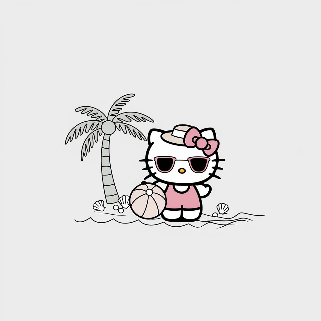 A minimalist, plain white background illustration of Hello Kitty enjoying a beach day. She is drawn in a simplistic style, wearing sunglasses and a wide-brimmed hat, holding a beach ball. There is a palm tree and seashells near her. The overall image has a summery atmosphere.