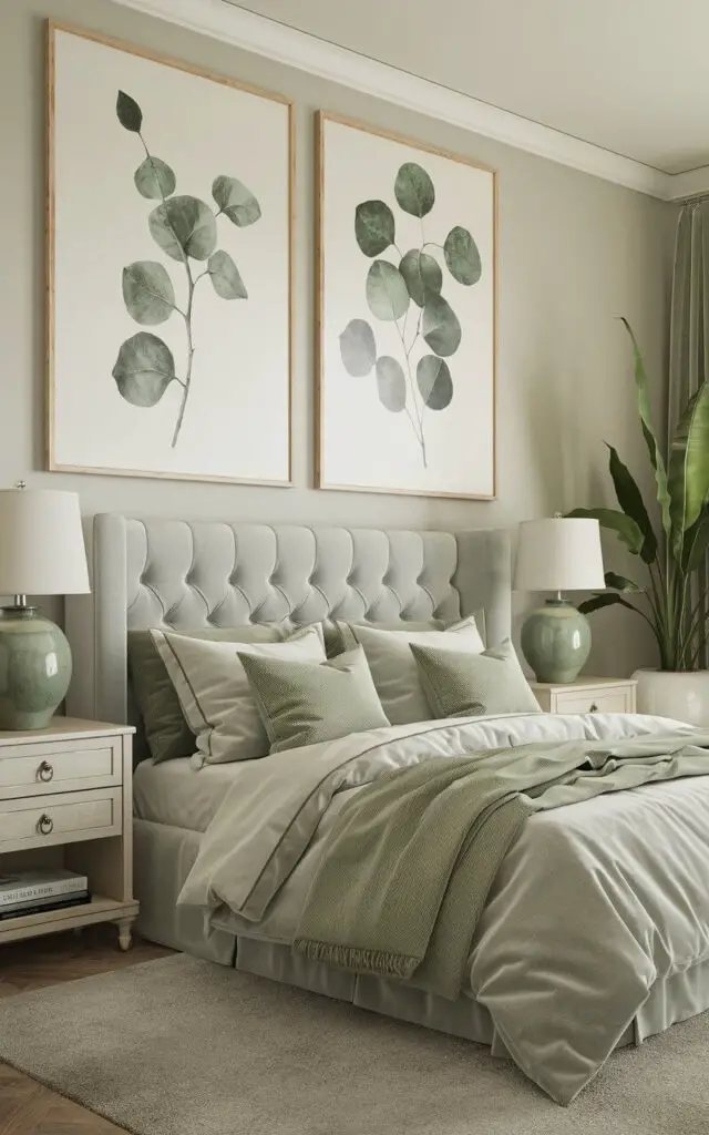 A medium shot of a gray and green bedroom with botanical artwork. The room has a light gray wall and a cozy bed with soft gray bedding and sage green pillows. Above the bed, there are two large framed prints of eucalyptus leaves. The bed has a tufted gray headboard. Next to the bed, there are two white nightstands holding ceramic green lamps. The floor is covered with a soft gray rug. There is a large green plant in a white pot near the nightstand. The room has a warm lighting.