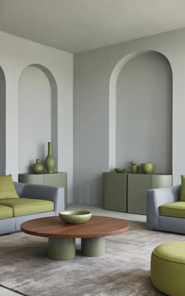 A minimalist living room with gray and green tones. The room contains a gray sofa with green cushions, a gray console table, and a round wooden coffee table. There are green ceramic vases and bowls displayed on the console table and the coffee table. The walls are light gray, and there is a gray rug on the floor. The room has a modern and balanced aesthetic.