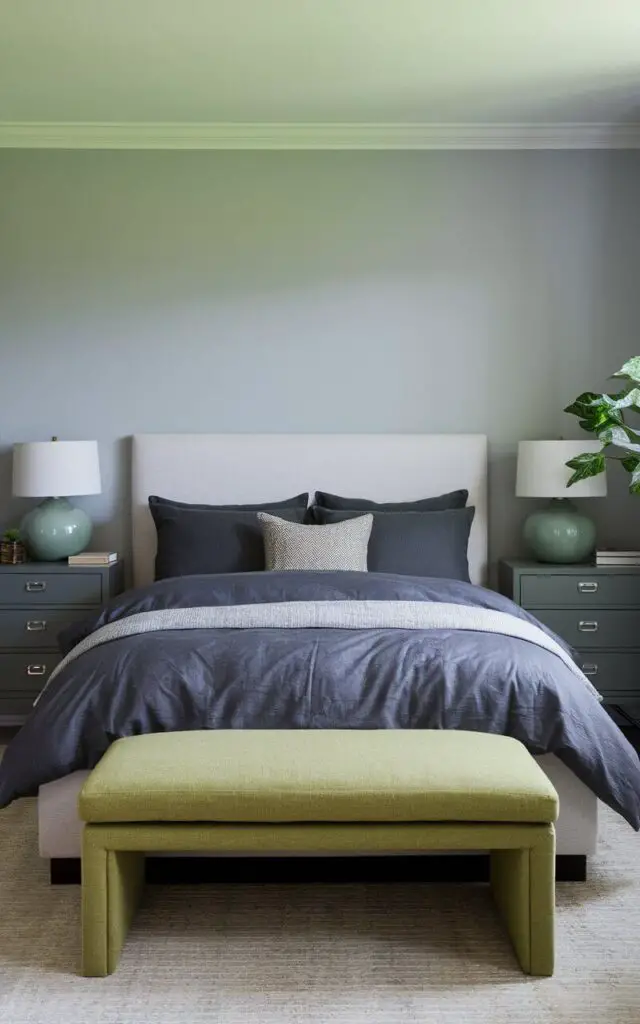 A cozy gray and green bedroom with a deep charcoal gray bedding on a bed. The bed has a simple white headboard and is placed against light gray walls. At the foot of the bed, there is a green upholstered bench. The nightstands are gray with silver hardware and are topped with soft green ceramic lamps. The room has a green potted plant in the corner, adding to the nature-inspired theme.