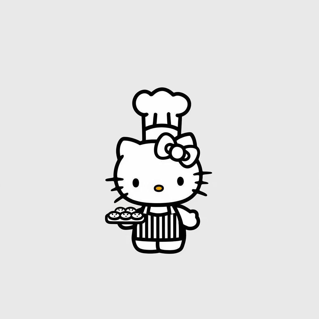 A minimalist, plain white background illustration of Hello Kitty as a chef. She is drawn in a simplistic style, wearing a tall chef's hat and a striped apron, holding a tray of cookies. Kitchen utensils and baked goods add playful detail to the scene.