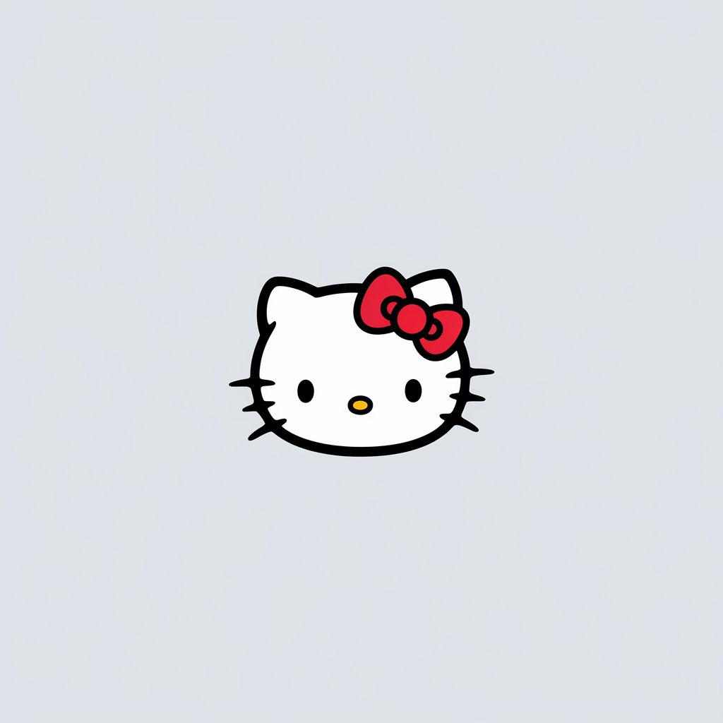 A minimalist, plain white background illustration of Hello Kitty's classic design. She is drawn in a simplistic style, featuring her round face, oval eyes, whiskers, and a small yellow nose. Her signature red bow is highlighted on her left ear, emphasizing her timeless charm.