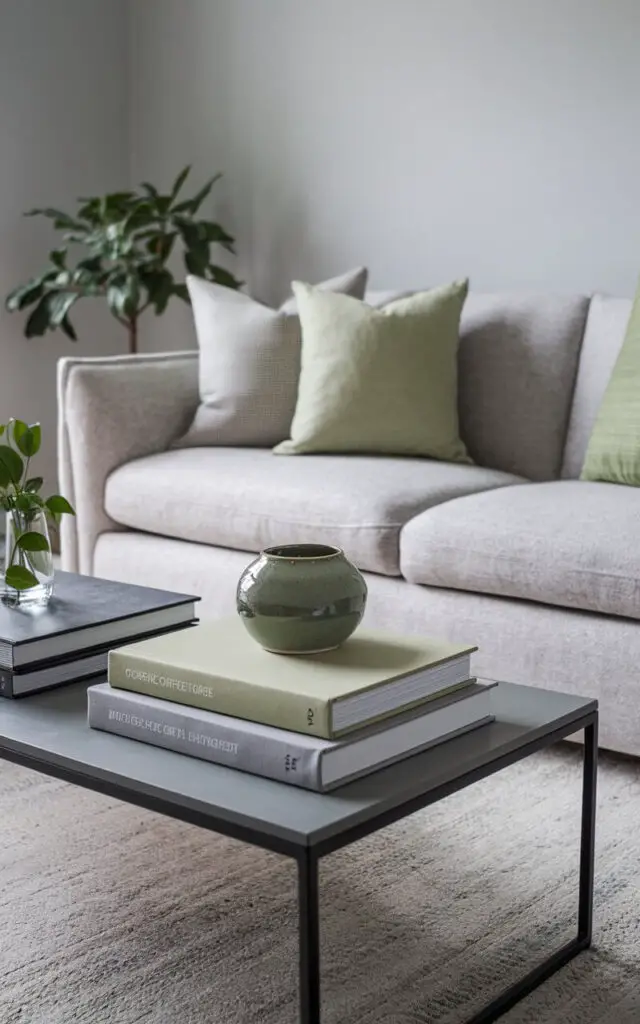 A cozy gray and green living room with a focus on a carefully styled coffee table. The table features plain green and gray coffee table books stacked neatly, along with a small green ceramic planter. A very cozy gray sofa provides a comfortable backdrop, adorned with coordinating green and gray throw pillows. Light gray walls and a soft area rug keep the space understated yet elegant, while a potted plant in the corner ties the look together.