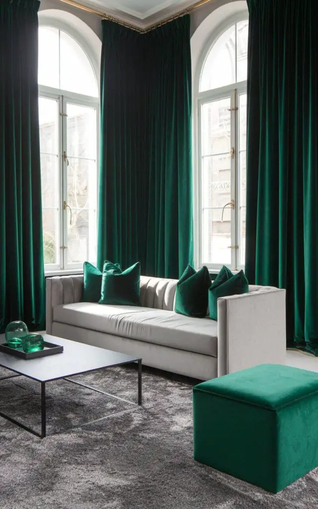 A photo of a chic gray and green living room. The room has large windows with dramatic emerald green curtains. The centerpiece is a light gray sofa with emerald green throw pillows. There is a gray shag rug on the floor. A rectangular black coffee table is placed in front of the sofa. There is a green velvet ottoman for additional seating.