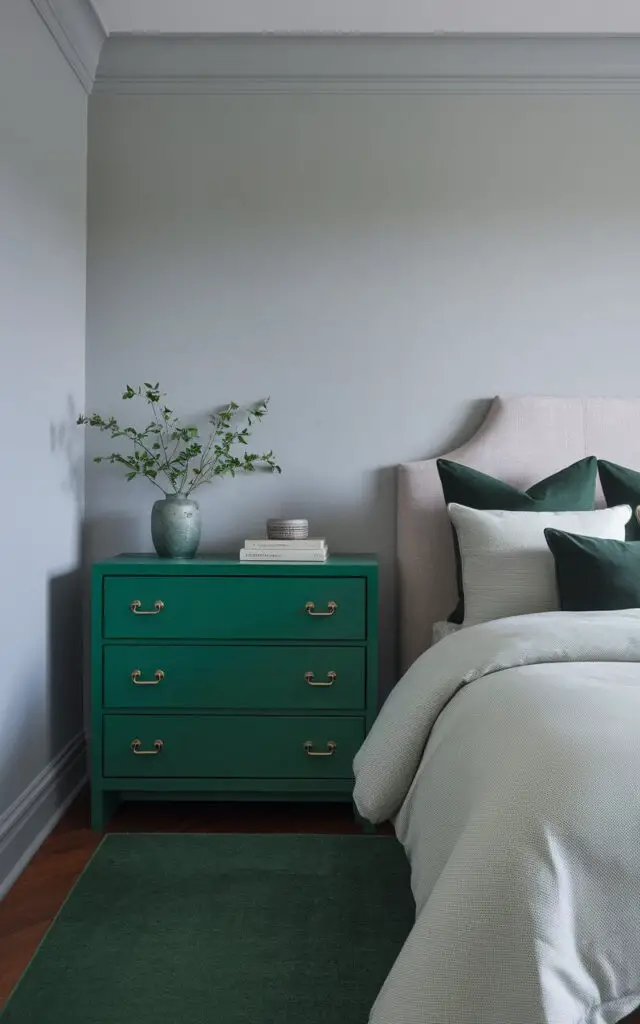 A photo of a gray and green bedroom with a bold emerald green dresser as the focal point. The dresser has a sleek, modern design and is complemented by brass handles. The surface of the dresser is styled with a small vase of greenery and a stack of books. A cozy bed with light gray bedding and dark green pillows sits nearby, creating a cohesive look. The walls are painted soft gray, and the room includes a green area rug that ties the entire space together.