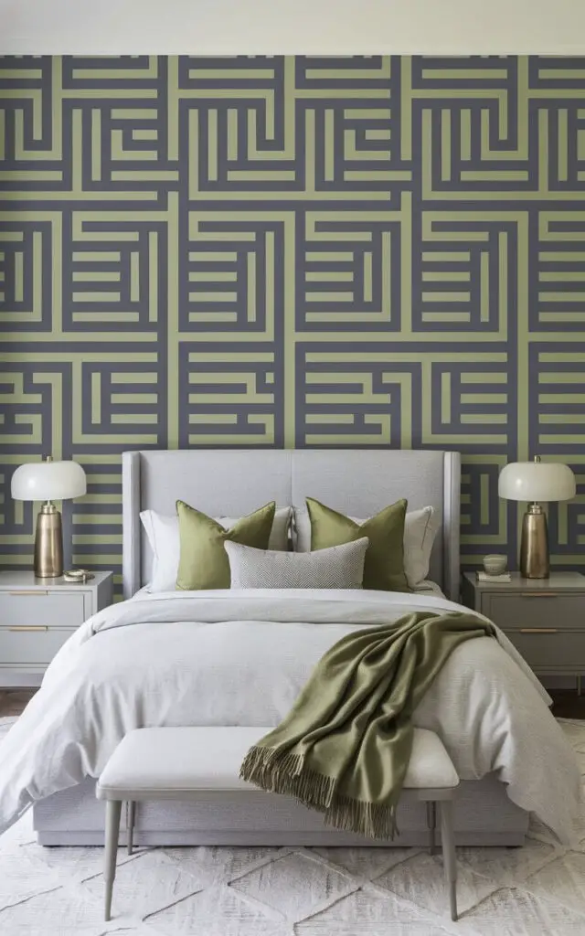 A photo of a gray and green bedroom with a feature wall. The feature wall has a bold gray and green geometric wallpaper. There is a cozy bed with light gray bedding and moss green pillows. A matching green throw blanket is draped across the foot of the bed. Sleek gray nightstands hold gold table lamps. The room is finished with a minimalist white area rug. The geometric patterns add a modern touch while maintaining the room's soothing color palette.