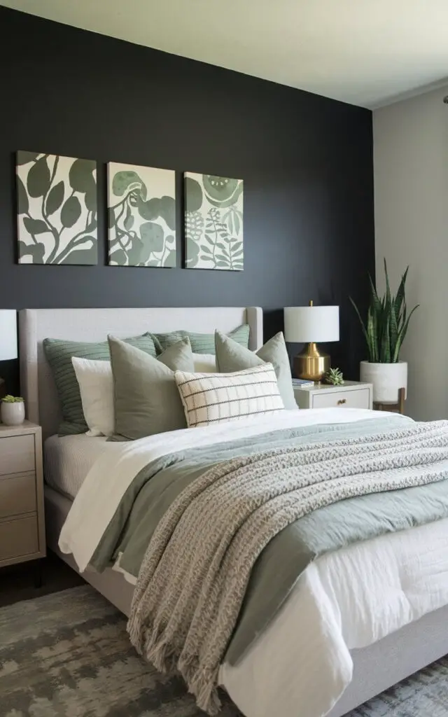 A photo of a gray and green bedroom with a dramatic dark gray accent wall behind a very cozy bed. The bed features layers of white and sage green bedding with a textured gray throw blanket for added warmth. Above the bed, a trio of botanical-themed artwork in green and gray tones adds visual interest. The room includes a pair of light gray nightstands topped with brass table lamps, while a potted snake plant in a white planter sits in the corner for a touch of greenery.