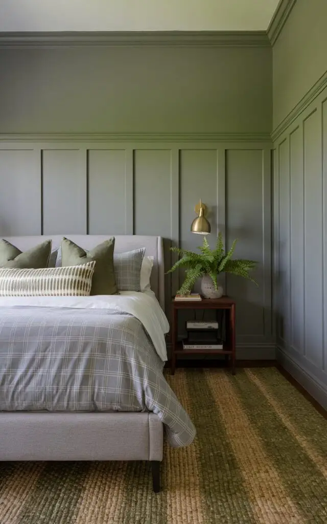 A refined gray and green bedroom with gray wainscoting lining the walls. Above the wainscoting, the walls are painted a muted sage green, creating a sophisticated contrast. A very cozy bed with gray and white bedding sits against the wainscoted wall, accented with green throw pillows. A small wood nightstand holds a gold lamp and a potted fern, while a woven green area rug in beige tones adds warmth to the space.