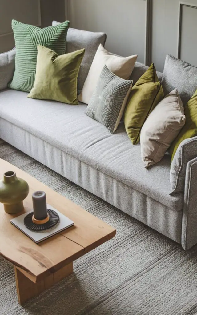 A cozy gray and green living room with a very cozy gray sofa as the centerpiece. The sofa is adorned with an assortment of decorative cushions in various shades of green and gray, featuring textures like velvet, linen, and cotton. A wooden coffee table sits in front, styled with a green ceramic vase and a gray candle. The backdrop includes light gray walls and a soft, textured gray rug, enhancing the comfortable atmosphere.