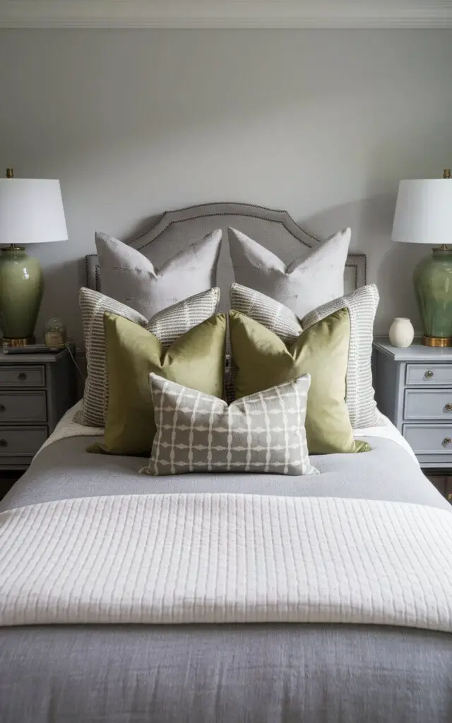 A photo of a stylish gray and green bedroom. The room contains a cozy bed adorned with an assortment of pillows in shades of gray and green. The mix includes solid olive green pillows, patterned sage cushions, and textured gray options. The bed has soft gray bedding and a white quilted throw for balance. On either side of the bed, gray nightstands hold green ceramic lamps, tying the theme together.