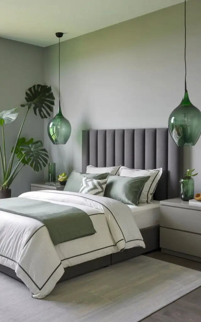 A photo of a chic gray and green bedroom with a modern aesthetic. There is a large potted monstera plant in the corner, adding a touch of nature. The room features a cozy bed with layered white and green bedding, surrounded by sleek gray nightstands. A dark gray upholstered headboard frames the bed. The walls are painted a soft gray. The room has striking green glass pendant lights suspended over the nightstands, providing a soft glow and tying the room's design elements together.