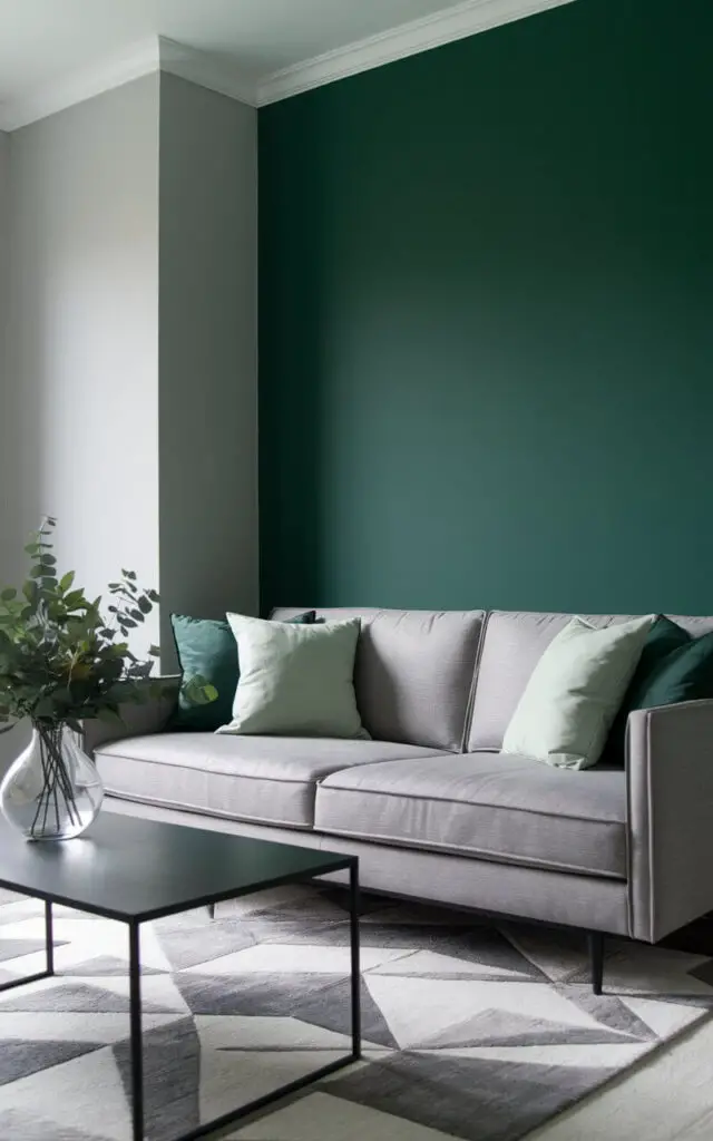 A photo of a modern living room with a gray sofa and a deep forest green accent wall. The sofa has light green and gray cushions and is placed in front of a black coffee table. The table has a clear vase with greenery. The room has light gray walls, a geometric gray-and-white rug, and a contemporary design.