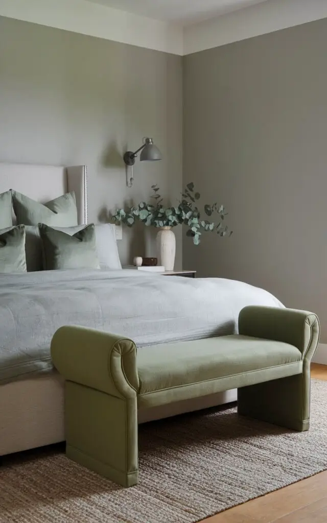 A photo of a sophisticated gray and green bedroom with a striking green upholstered bench at the foot of a very cozy bed. The bed is dressed in light gray linens with sage green accent pillows, sitting against a soft gray wall. A woven area rug in neutral tones adds texture beneath the bench, while a small side table with a white vase holding eucalyptus sprigs brings in a natural element. The corner of the room features a sleek floor lamp with a gray shade.