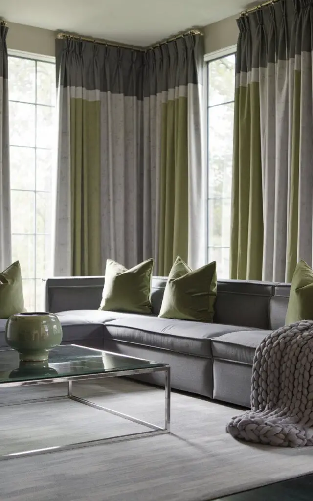 A photo of a sophisticated gray and green living room. The room features a gray sectional sofa with green cushions and a chunky knit throw. A sleek glass coffee table holds a green ceramic planter. A light gray area rug provides a neutral base. The room has drapery in a blend of green and gray shades framing the windows. The natural light filtering through the curtains creates a serene and inviting ambiance.