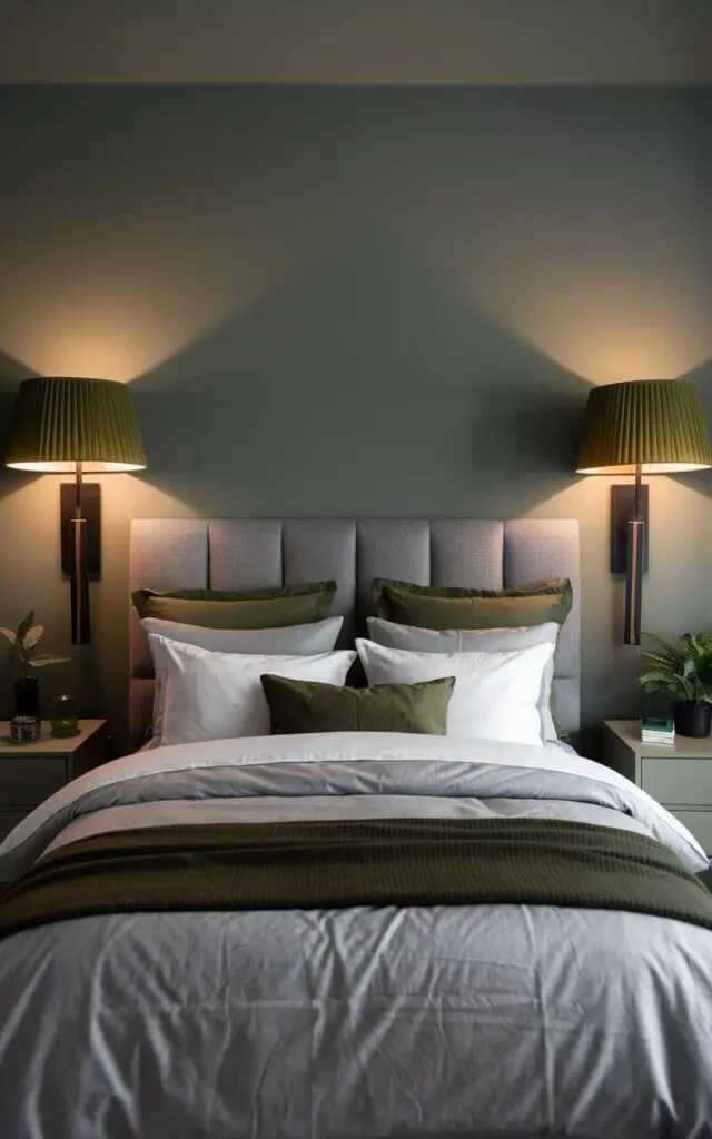 A photo of a gray and green bedroom illuminated by two green lampshades on either side of a very cozy bed. The lampshades are a deep olive green, adding a pop of color against the soft gray walls. The bed features white and gray bedding with a dark green throw blanket. The nightstands are sleek and minimalist, while a small potted plant adds a natural touch. A gray upholstered headboard completes the cohesive design.