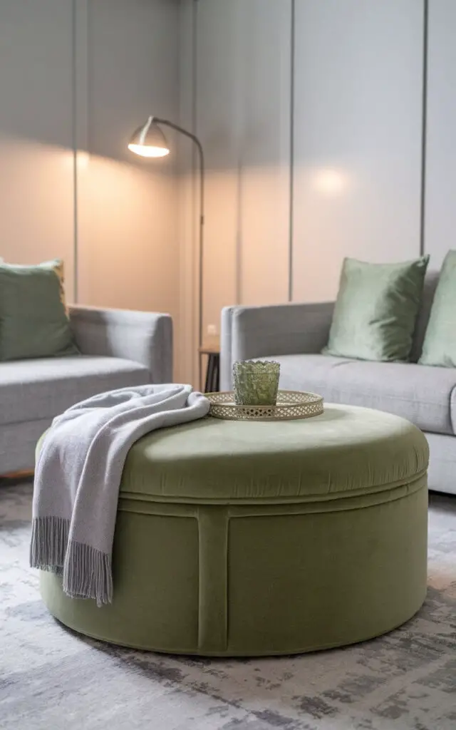 A photo of a chic gray and green living room. The focal point is a large green ottoman. The ottoman is styled with a gray throw blanket and a small decorative tray holding a green glass candle. The room contains a gray sofa with soft green cushions, a gray area rug, and a sleek floor lamp providing ambient lighting. The walls are painted in a light gray tone, creating a calming backdrop.