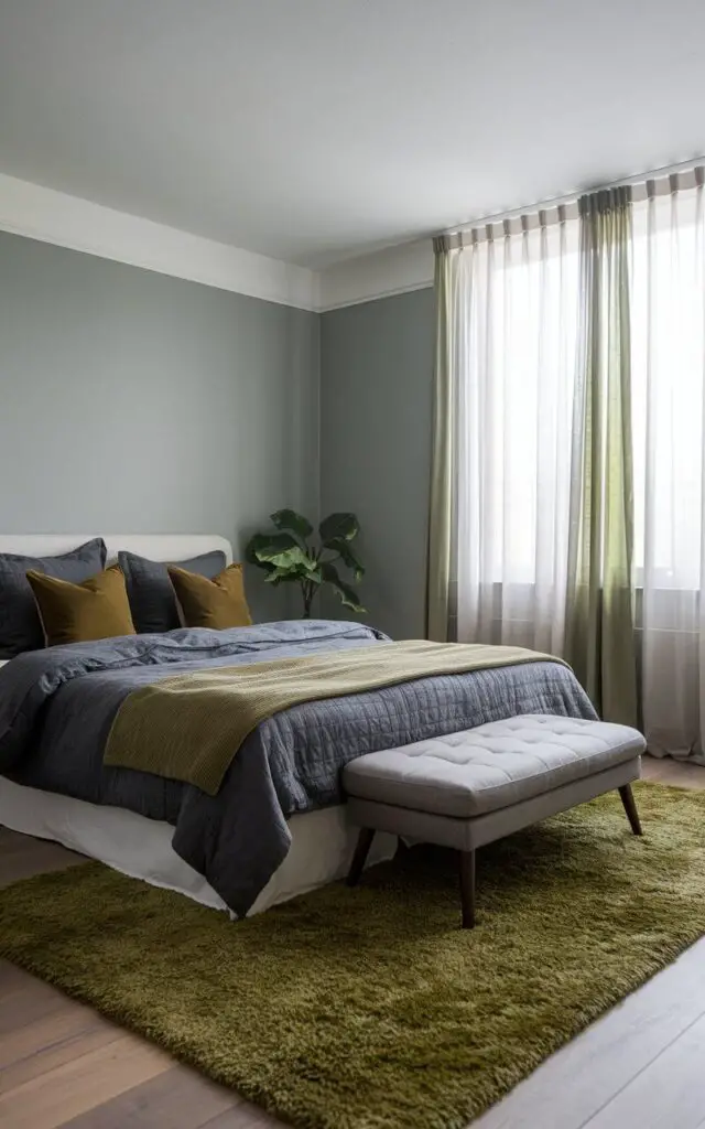 A cozy gray and green bedroom with a plush green area rug that anchors the space. The very cozy bed, dressed in charcoal gray bedding with olive green accent pillows, sits atop the rug, creating a cohesive look. The walls are painted a soft gray, and a large window with sheer green curtains lets in plenty of natural light. A small gray upholstered bench at the foot of the bed adds functionality and style, while a potted plant adds life to the corner.