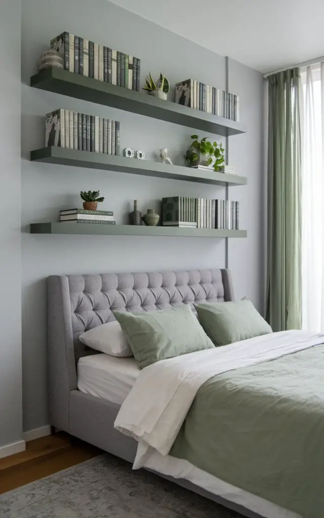 A modern gray and green bedroom with a custom green-painted floating shelf on a light gray wall. The shelf displays an assortment of books with green and gray spines, along with small potted plants and decorative accents. Below the shelf, a cozy bed with a tufted gray headboard is dressed in white and sage green bedding. A simple gray area rug anchors the space, while a large window with sheer green curtains allows natural light to flood in.