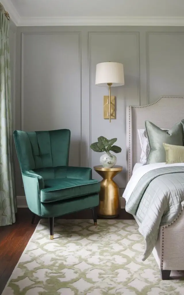 A photo of a gray and green bedroom with a luxurious green velvet chair tucked into a cozy reading nook. The chair's rich emerald color contrasts beautifully with the light gray walls. Beside the chair, a gold-accented side table holds a small ceramic planter with a leafy green plant. A very cozy bed, dressed in soft gray linens and sage green accent pillows, sits nearby. The area rug underfoot features a subtle green and gray pattern, tying the space together perfectly.