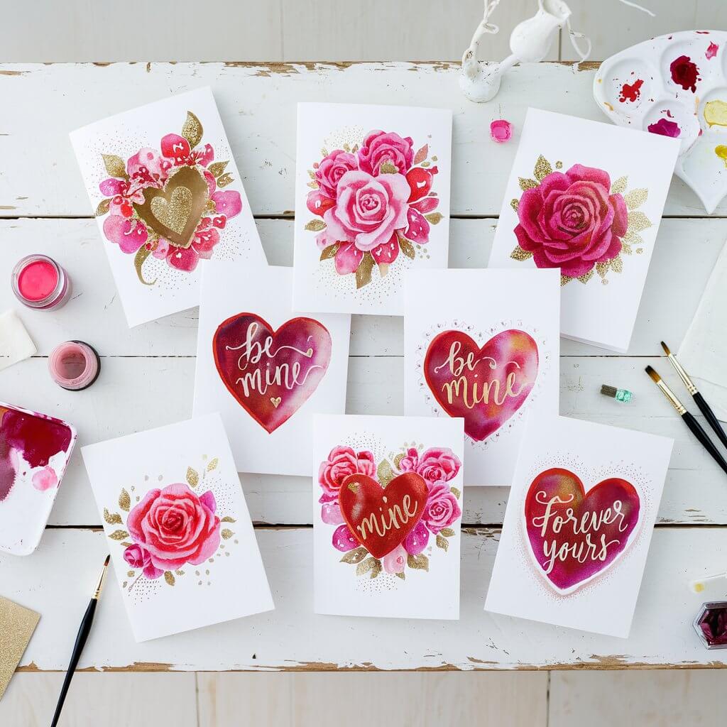 A minimalist scene of a rustic white wooden table with a collection of hand-painted Valentine's cards. Each card features intricate watercolor designs, including hearts, roses, and swirls in vibrant shades of red, pink, and gold. Some cards have delicate glitter accents, while others display metallic lettering with romantic phrases like "Be Mine" and "Forever Yours." A few brushes, small jars of paint, and a palette are scattered around the table. The background is plain.