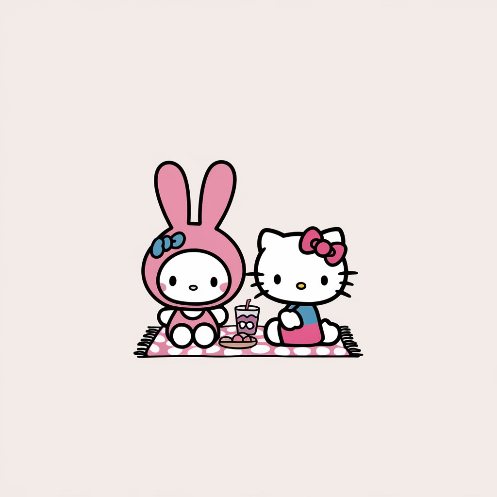 A minimalist illustration of Hello Kitty with a cute cartoon bunny against a plain white background. Hello Kitty is sitting on a picnic blanket with the bunny. The bunny is wearing a pink hood and has a small blue bow on its hood. There are snacks and drinks on the picnic blanket.