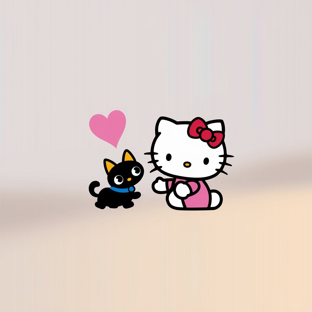 A minimalist, plain white background illustration of Hello Kitty playing with her pet Chococat, a small, cartoonish black cat with yellow ears and a blue neck band. Hello Kitty is wearing a pink dress and has a red bow on her head. Chococat is sitting on a pink heart. The illustration is drawn in a simplistic style, with warm colors and a soft lighting.