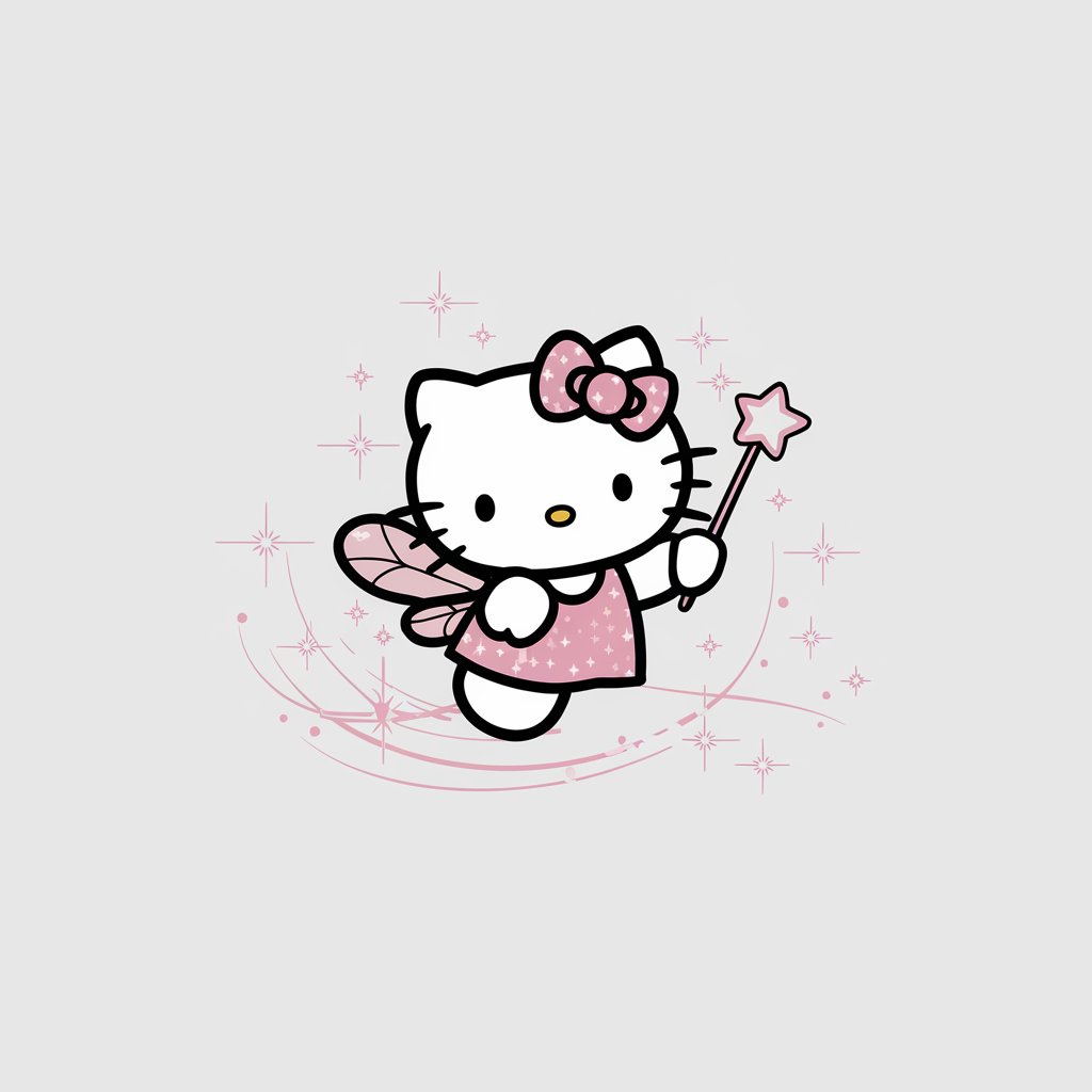 A minimalist, plain white background illustration of Hello Kitty with small, delicate wings and a star-tipped wand. She is surrounded by sparkles and soft lines that mimic magical fairy dust. Drawn in a simplistic style, the enchanting scene is both whimsical and delightful.