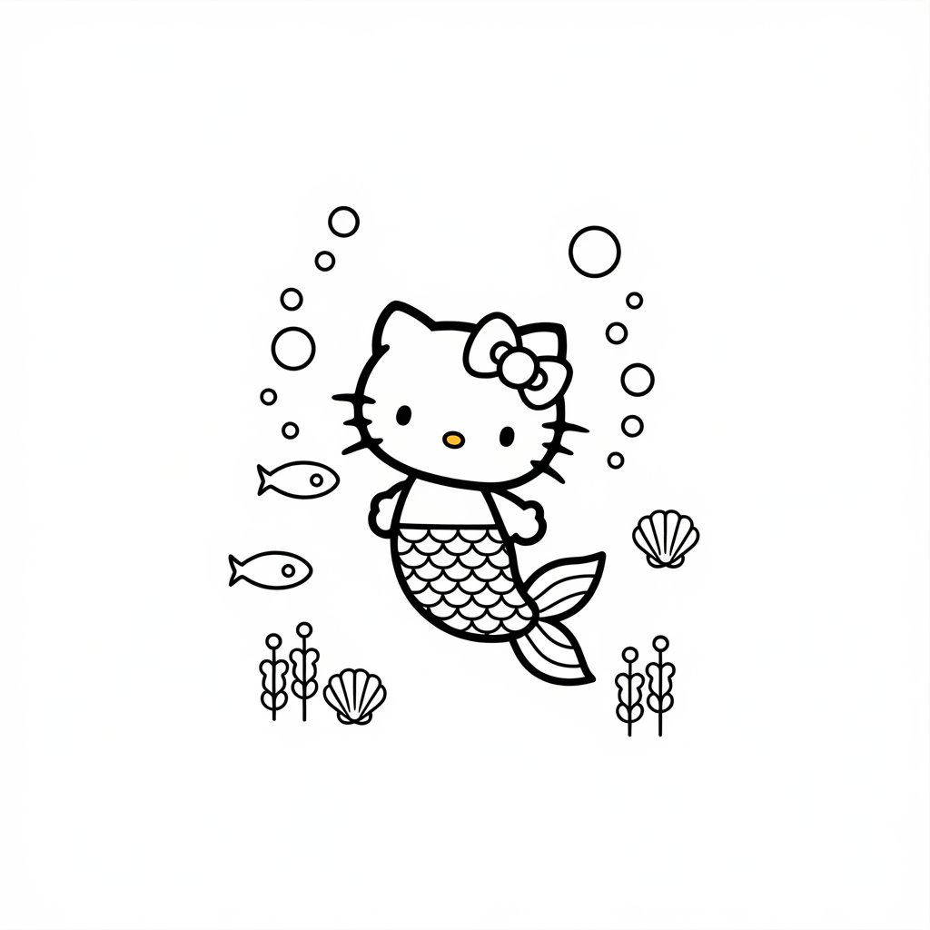 A minimalist, plain white background illustration of Hello Kitty as a mermaid. Drawn in a simplistic style, she has a flowing tail adorned with scales. Surrounding her are seashells, bubbles, and small fish, creating a serene underwater scene.