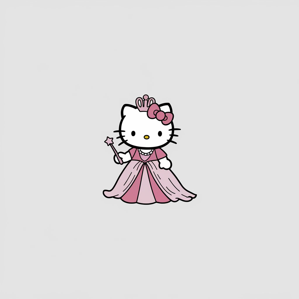 A minimalist, plain white background illustration of Hello Kitty wearing a flowing gown and a delicate crown. She holds a tiny wand in one hand, and her expression is proud but friendly. Drawn in a simplistic style, the regal theme makes this idea charming and approachable.