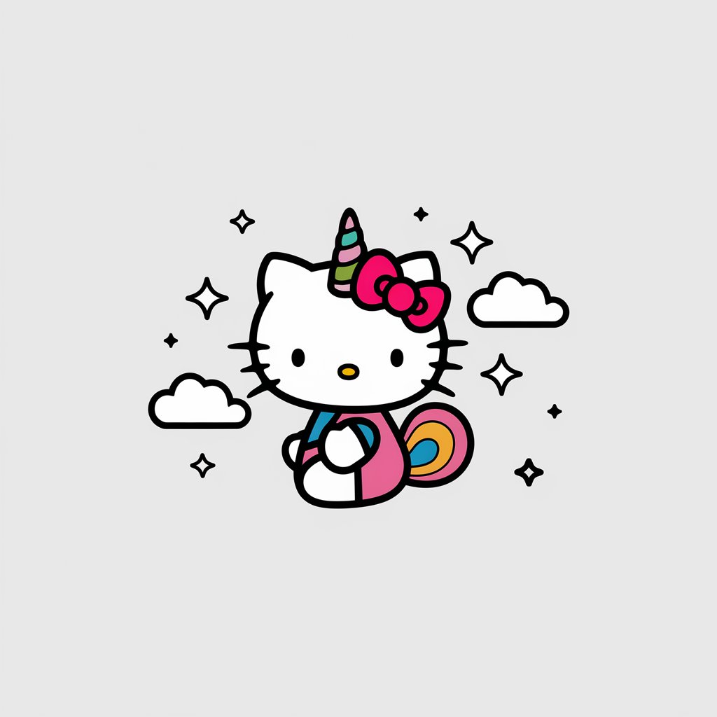 A minimalist, plain white background illustration of Hello Kitty as a unicorn. Drawn in a simplistic style, she has a shimmering horn, rainbow-colored mane, and tail. There are clouds and stars around her to enhance the magical scene.