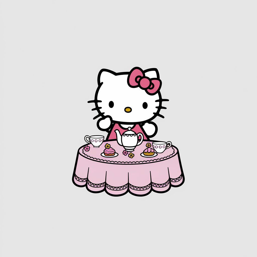 A minimalist, plain white background illustration of Hello Kitty hosting a tea party. She is drawn in a simplistic style, sitting at a table with a teapot, teacups, and pastries. Dainty flowers and a patterned tablecloth add charming details.