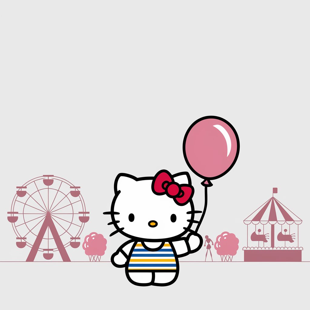 A minimalist, plain white background illustration of Hello Kitty at a carnival. Hello Kitty is drawn in a simplistic style, wearing a striped shirt and a red bow. She is holding a balloon and cotton candy. In the background, a Ferris wheel and carousel are faintly visible, adding a lively touch to the scene.