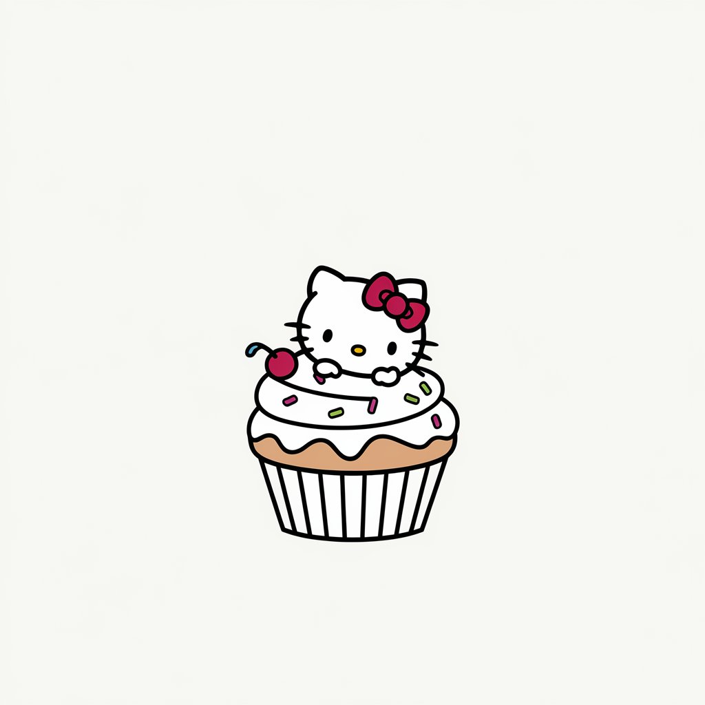 A minimalist, plain white background illustration of Hello Kitty nestled inside a giant cupcake. The cupcake is topped with smooth icing, sprinkles, and a small cherry. Hello Kitty peeks out, her bow resting slightly above the icing. Drawn in a simplistic style, the sweet theme is lighthearted and fun.